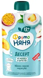 Фрутоняня Десерт, пюре, 90 г, 1 шт, яблоко + персик + маракуйя фото
