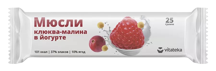 Витатека Мюсли в йогурте, батончик, 25 г, 1 шт, клюква + малина фото