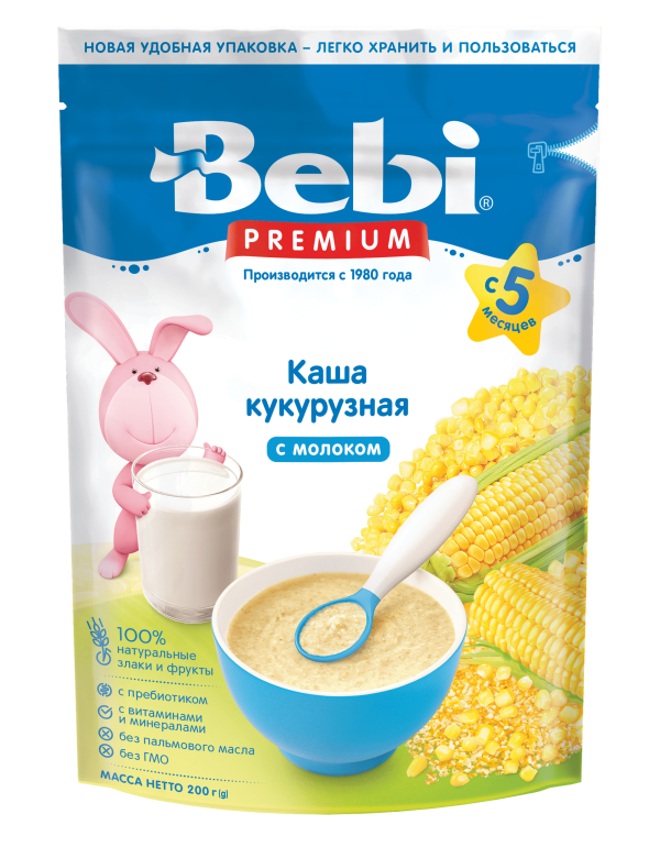 Bebi Premium каша кукурузная с молоком, 5+ мес, каша детская молочная, 200 г, 1 шт. фото