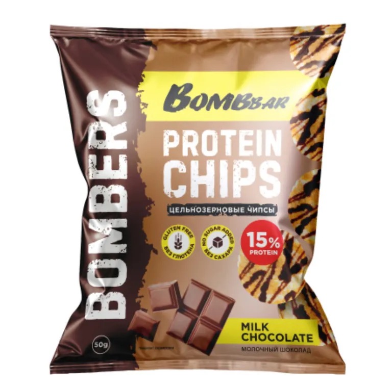 Bombbar Bombers чипсы протеиновые цельнозерновые, чипсы, 50 г, 1 шт, молочный шоколад фото