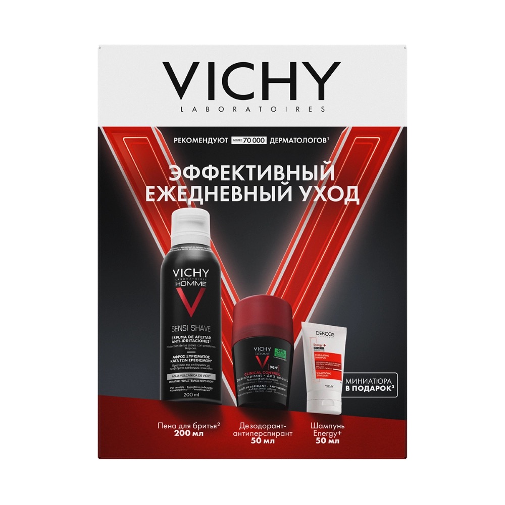 Vichy Homme пена для бритья 300 мл + дезодорант 96 ч 50 мл + шампунь против выпадения волос 50 мл, набор, 1 шт. фото