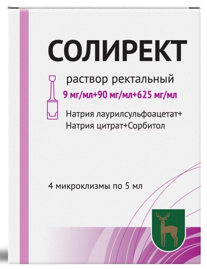 Солирект, 9 мг/мл + 90 мг/мл + 625 мг/мл, раствор ректальный, 5 мл, 4 шт. фото