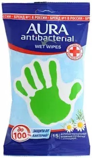 Aura Салфетки влажные антибактериальные, салфетки влажные, 15 шт, с ромашкой фото