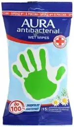 Aura салфетки влажные антибактериальные, салфетки влажные, 15 шт, с ромашкой фото