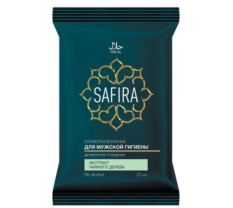 Safira салфетки влажные для интимной гигиены мужские, салфетки влажные, 20 шт, с экстрактом чайного дерева фото