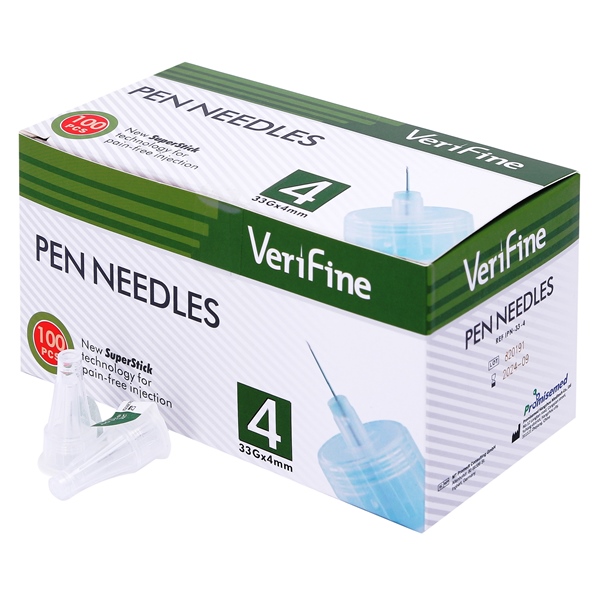 Verifine Иглы универсальные инъекционные одноразовые для инсулиновых шприц-ручек, 100 шт, 33G (0,2x4мм) фото