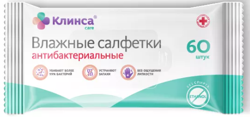 Клинса Салфетки влажные антибактериальные, 60 шт, без спирта фото