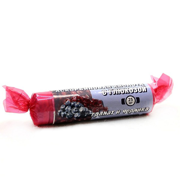 Гленвитол Аскорбиновая кислота с глюкозой, 25 мг, таблетки жевательные, 3г, 10 шт, гранат + черника фото