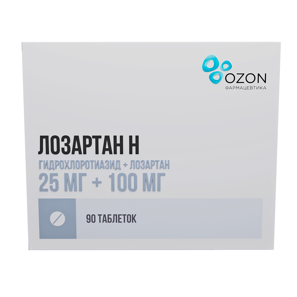 Лозартан Н, 25 мг + 100 мг, таблетки, покрытые пленочной оболочкой, 90 шт. фото