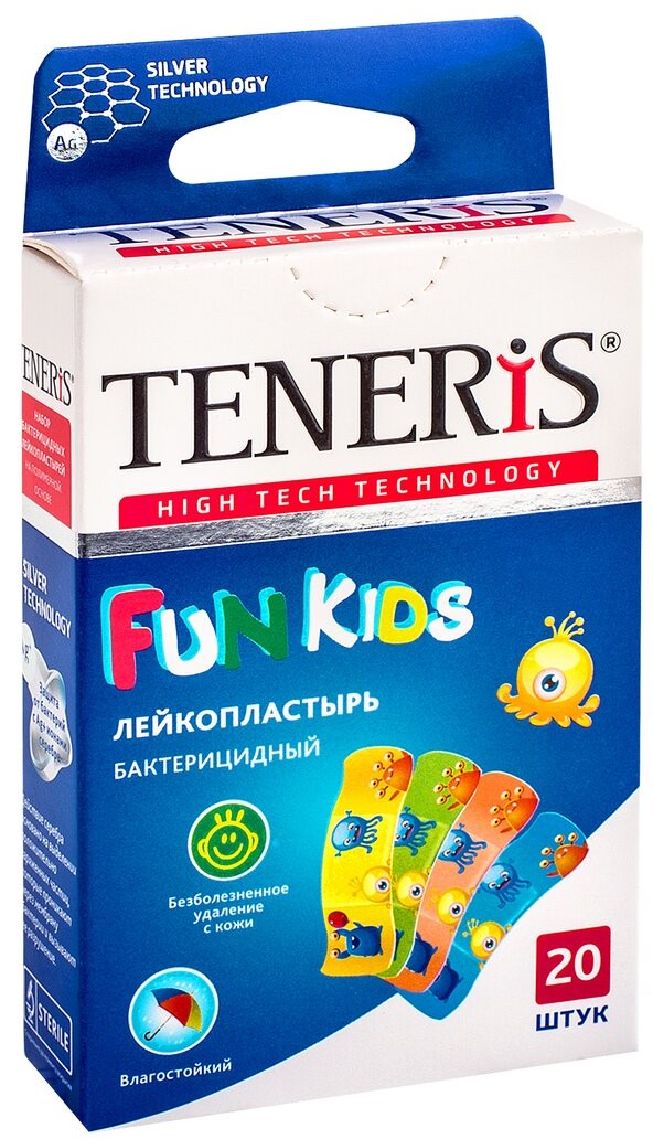 Teneris Fun Kids Пластырь бактерицидный с рисунками и ионами серебра, 56 мм х 19 мм, 20 шт, полимерная основа фото