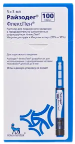 Райзодег ФлексПен, 100 МЕ/мл, раствор для подкожного введения, 3 мл, 5 шт, в шприц-ручках ФлексПен фото