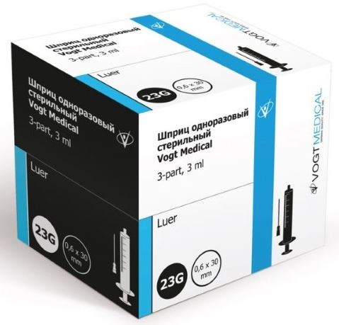 Шприц Vogt Medical 3-х компонентный, 3 мл, шприц в комплекте с иглой, 100 шт, 23G (0.6 х 30 мм) фото