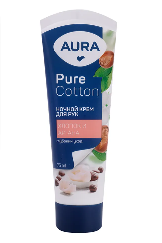 Aura Pure Cotton Крем для рук ночной Глубокий уход, крем, 75 мл, 1 шт, масло арганы и хлопок фото