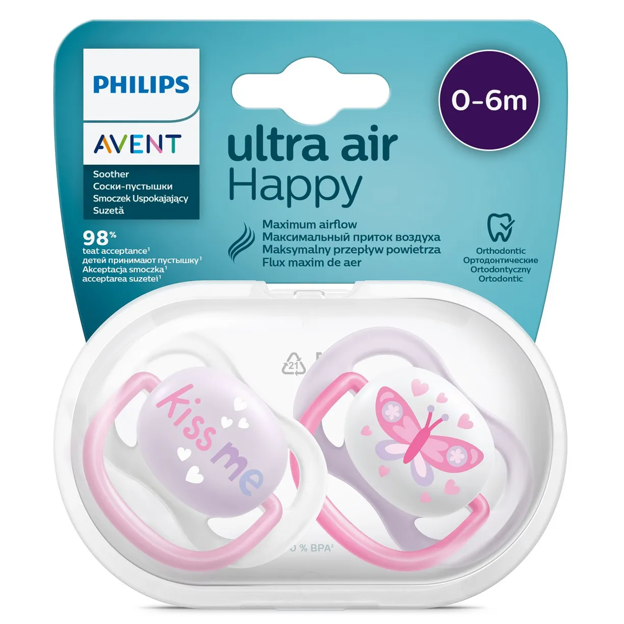 AVENT Ultra Air Happy Пустышка силиконовая ортодонтическая с футляром, 0-6 месяцев, 2 шт, для девочек, арт. SCF080/14 фото