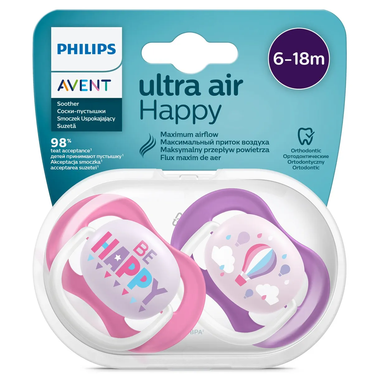 AVENT Ultra Air Happy Пустышка силиконовая ортодонтическая с футляром, 6-18 месяцев, 2 шт, для девочек, арт. SCF080/16 фото