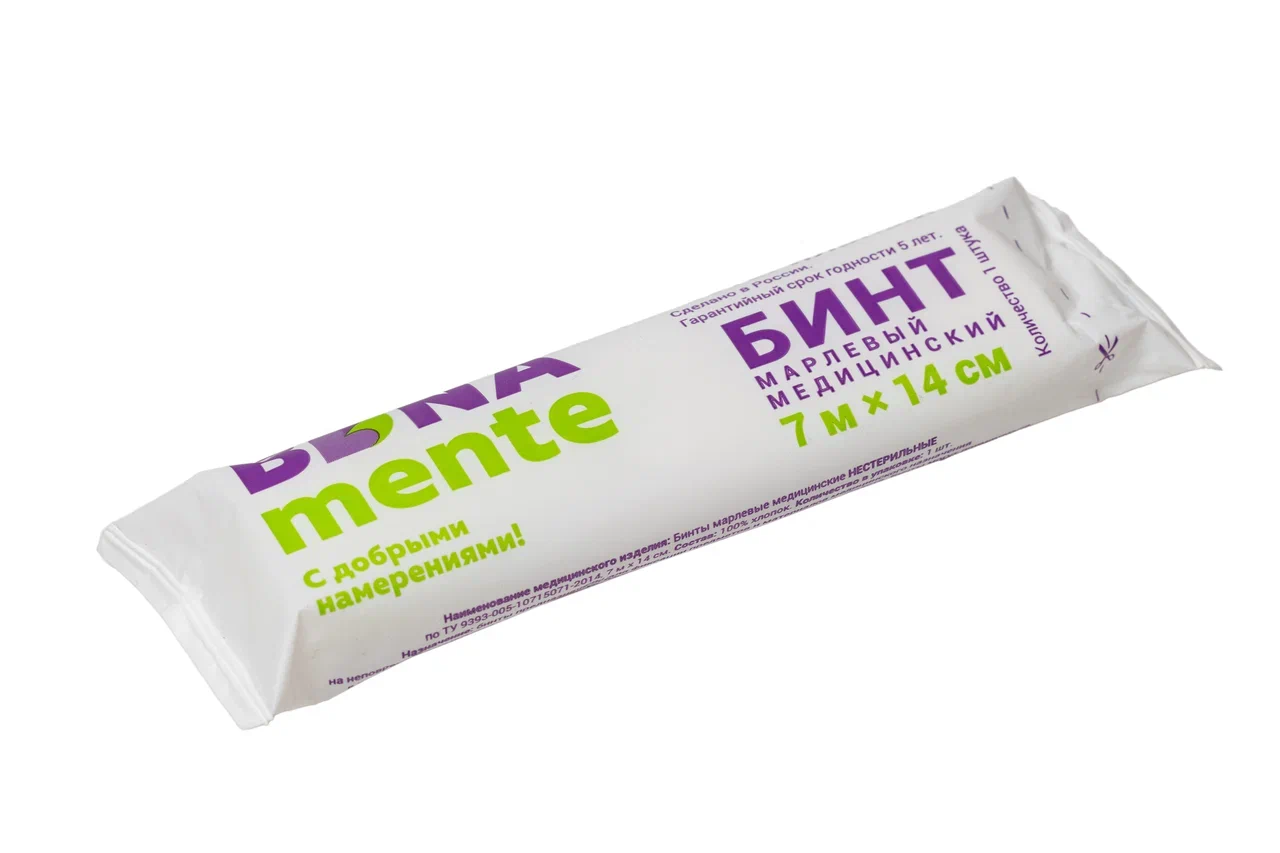 Bona Mente! Бинт медицинский марлевый, 7 м х 14 см, 1 шт, стерильный фото