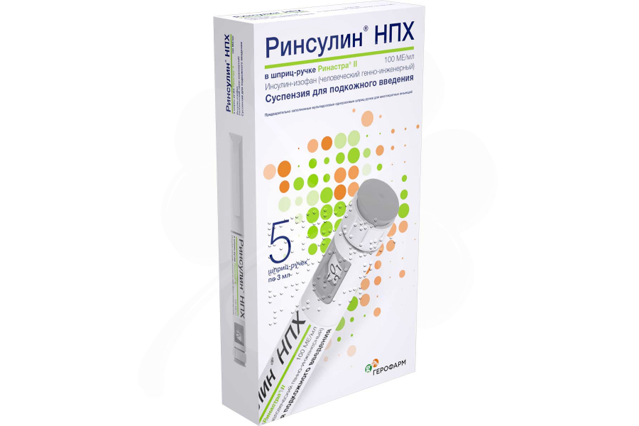 Ринсулин НПХ, 100 МЕ/мл, суспензия для подкожного введения, 3 мл, 5 шт, в шприц-ручках Ринастра II фото
