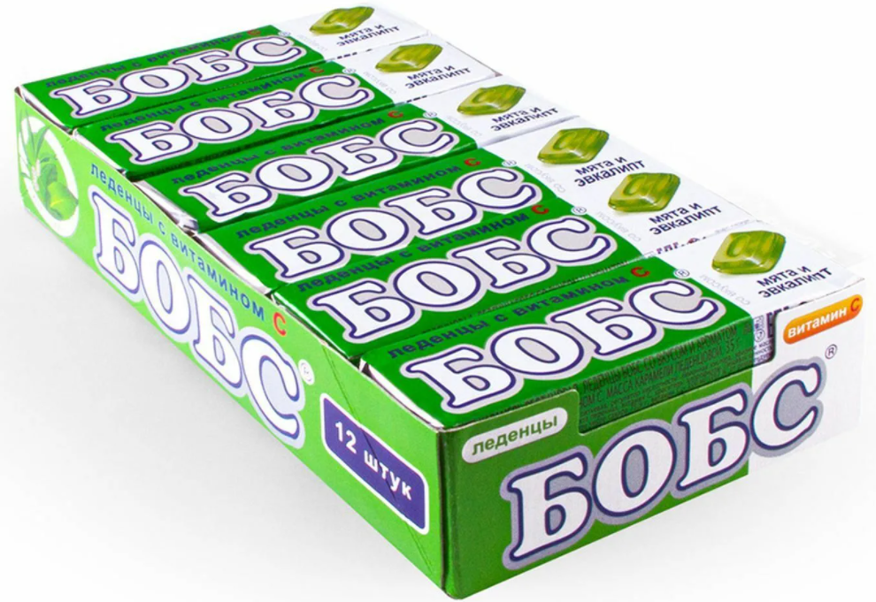 БОБС леденцы с витамином C, 35 г, леденцы, 12 шт, эвкалипт + мята, блок фото