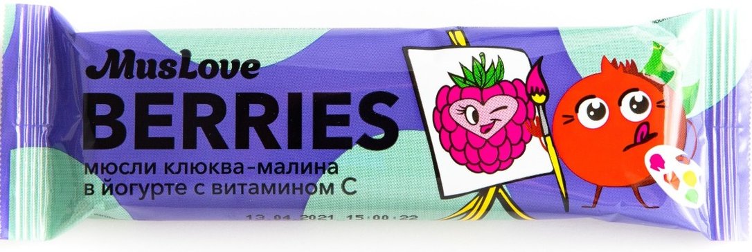 Muslove, батончик-мюсли, 25 г, 1 шт, клюква + малина, в йогурте фото