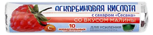 Сесана Аскорбиновая кислота с сахаром, 25 мг, таблетки жевательные, 10 шт, малина фото