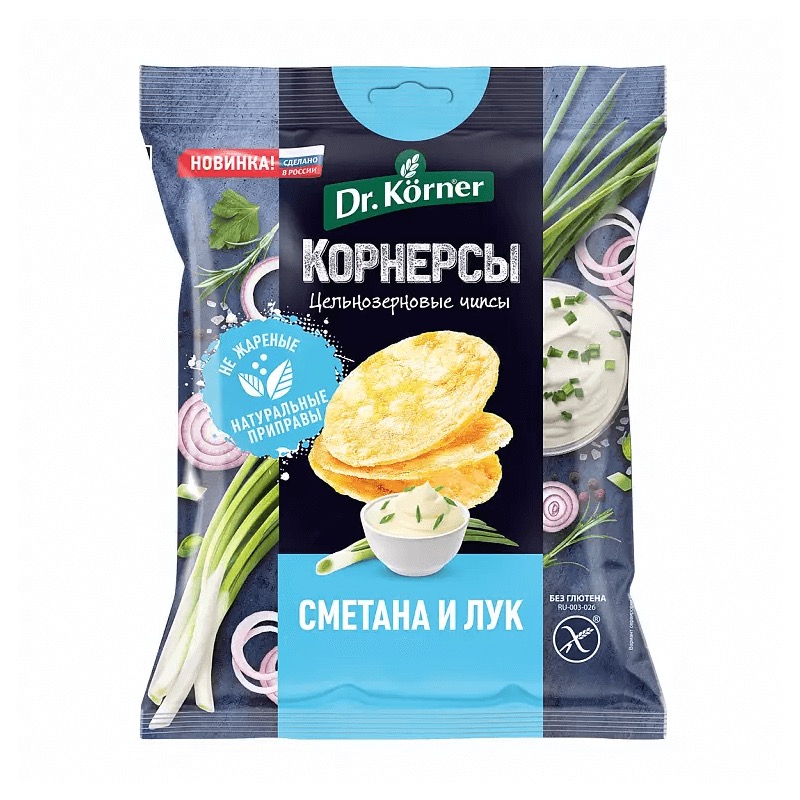 Доктор Кернер Чипсы цельнозерновые кукурузно-рисовые, хлебцы, 50 г, 1 шт, сметана и зеленый лук фото