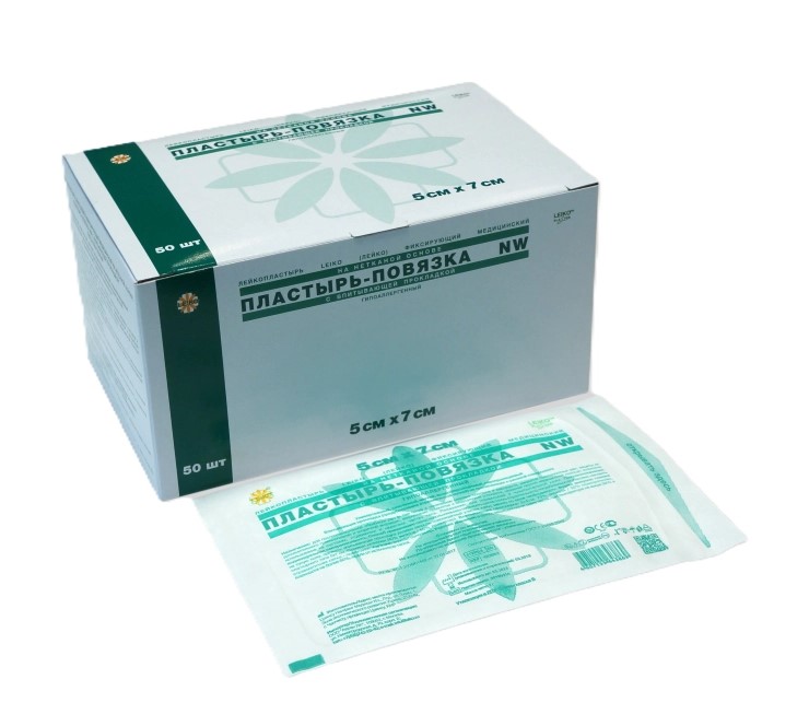 Leiko NW Повязка на рану пластырного типа, 5 см х 7 см, 50 шт, нетканая основа фото