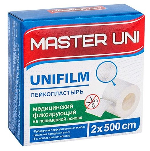 Master Uni Unifilm Лейкопластырь полимерная основа, 2 см х 500 см, пластырь, 1 шт, прозрачный фото