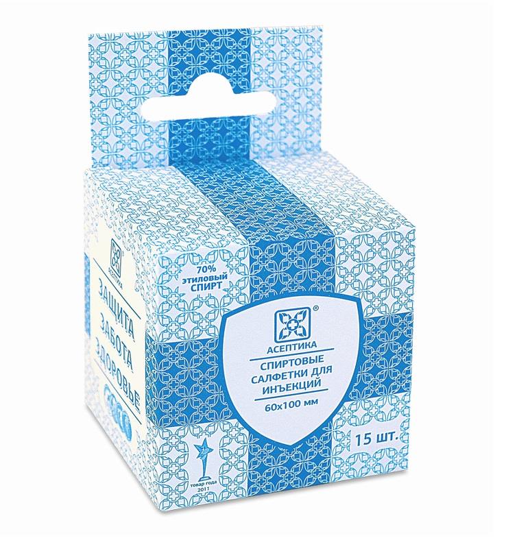Асептика Салфетки спиртовые для инъекций, 60 мм х 100 мм, салфетки стерильные, 15 шт. фото