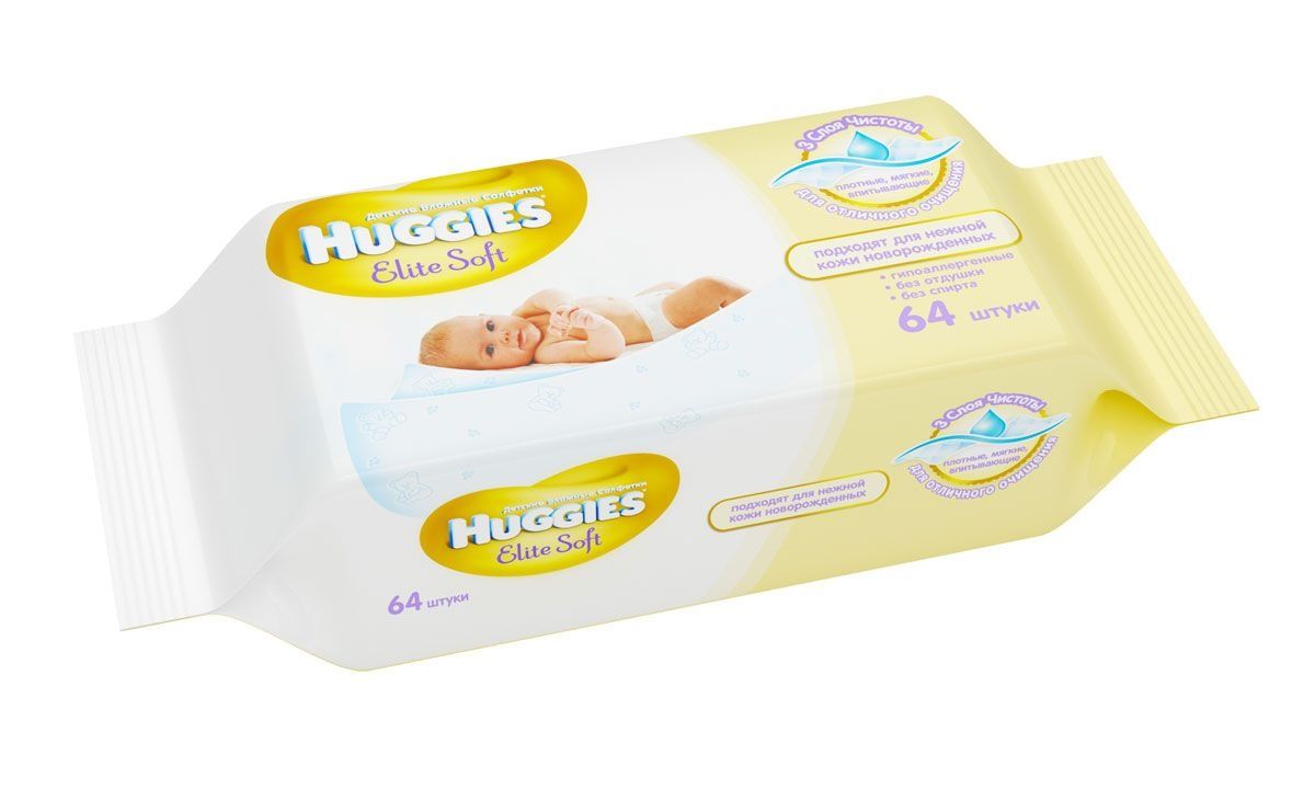 Huggies elite soft Салфетки влажные детские, салфетки гигиенические, 64 шт. фото