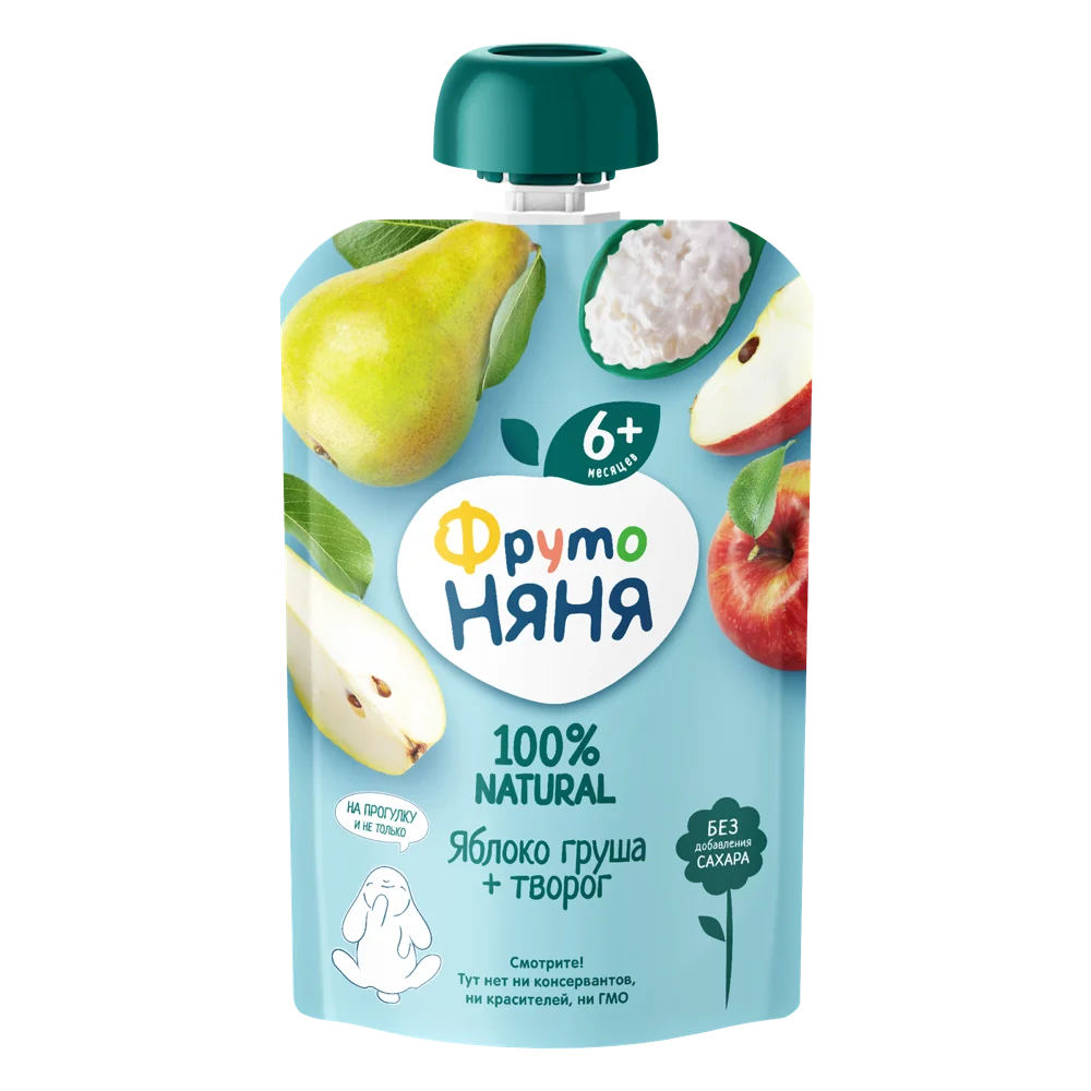 Фрутоняня детское пюре, пюре, 90 г, 1 шт, яблоко + груша + творог фото