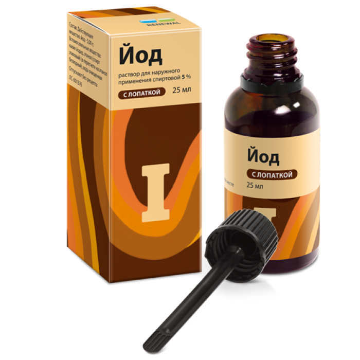 Йод, 5%, раствор для наружного применения спиртовой, 25 мл, 1 шт, с лопаткой фото