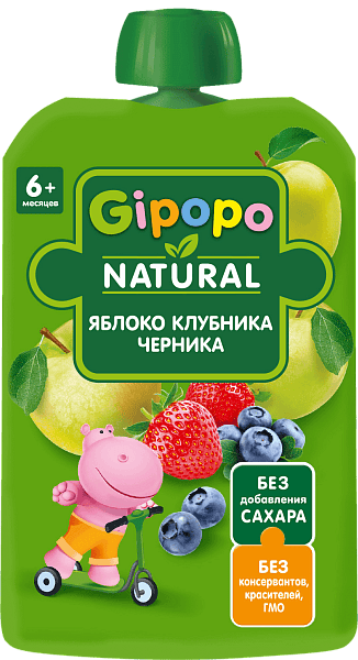 Gipopo детское пюре, 6+ мес, пюре, 90 г, 1 шт, яблоко + клубника + черника фото