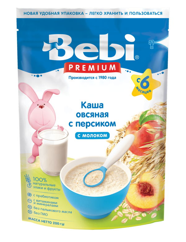 Bebi Premium каша овсяная с молоком, 6+ мес, каша детская молочная, 200 г, 1 шт, персик фото
