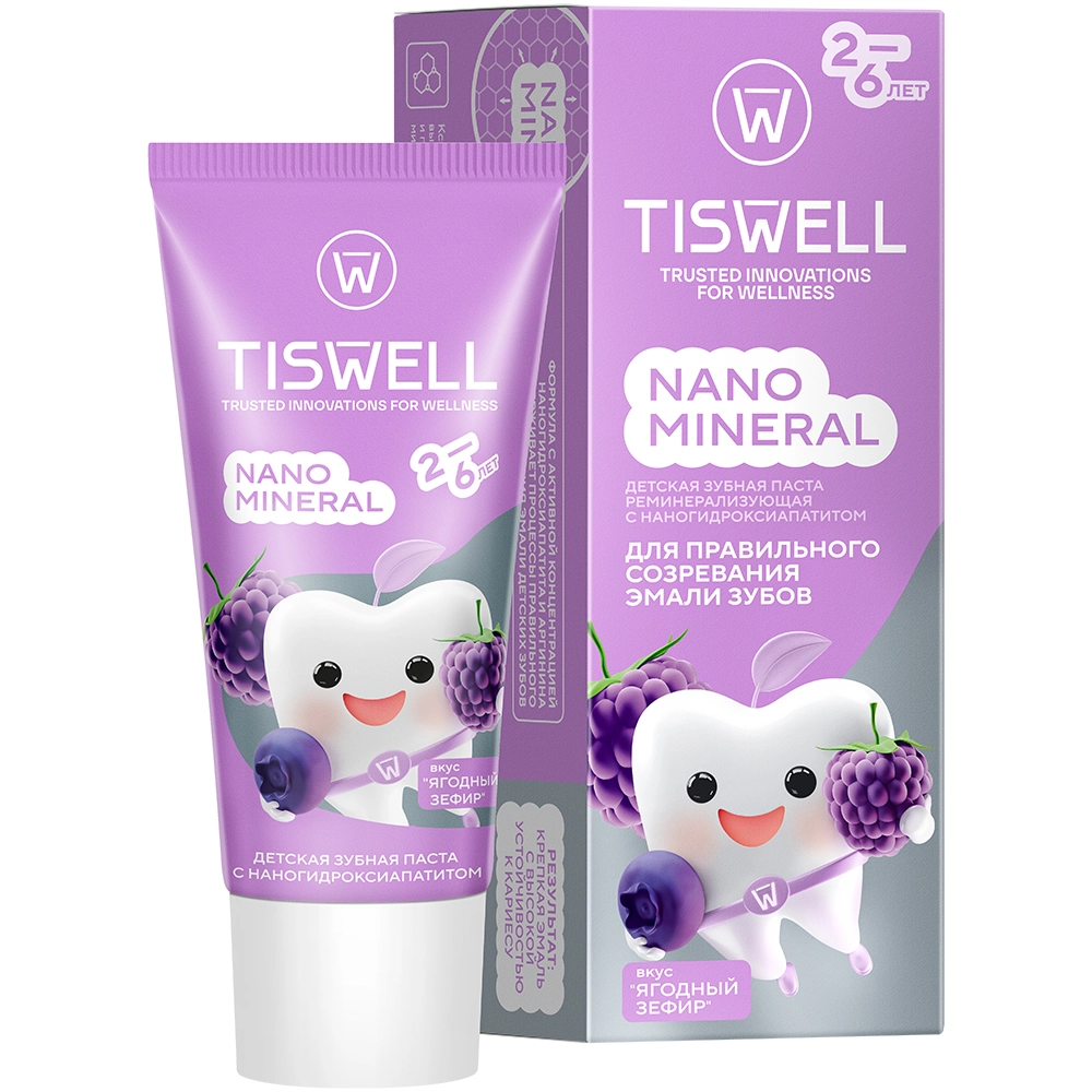 Tiswell nano mineral Зубная паста реминерализующая с наногидроксиапатитом детская, зубная паста, 60 г, 1 шт, ягодный зефир, 2-6 лет фото