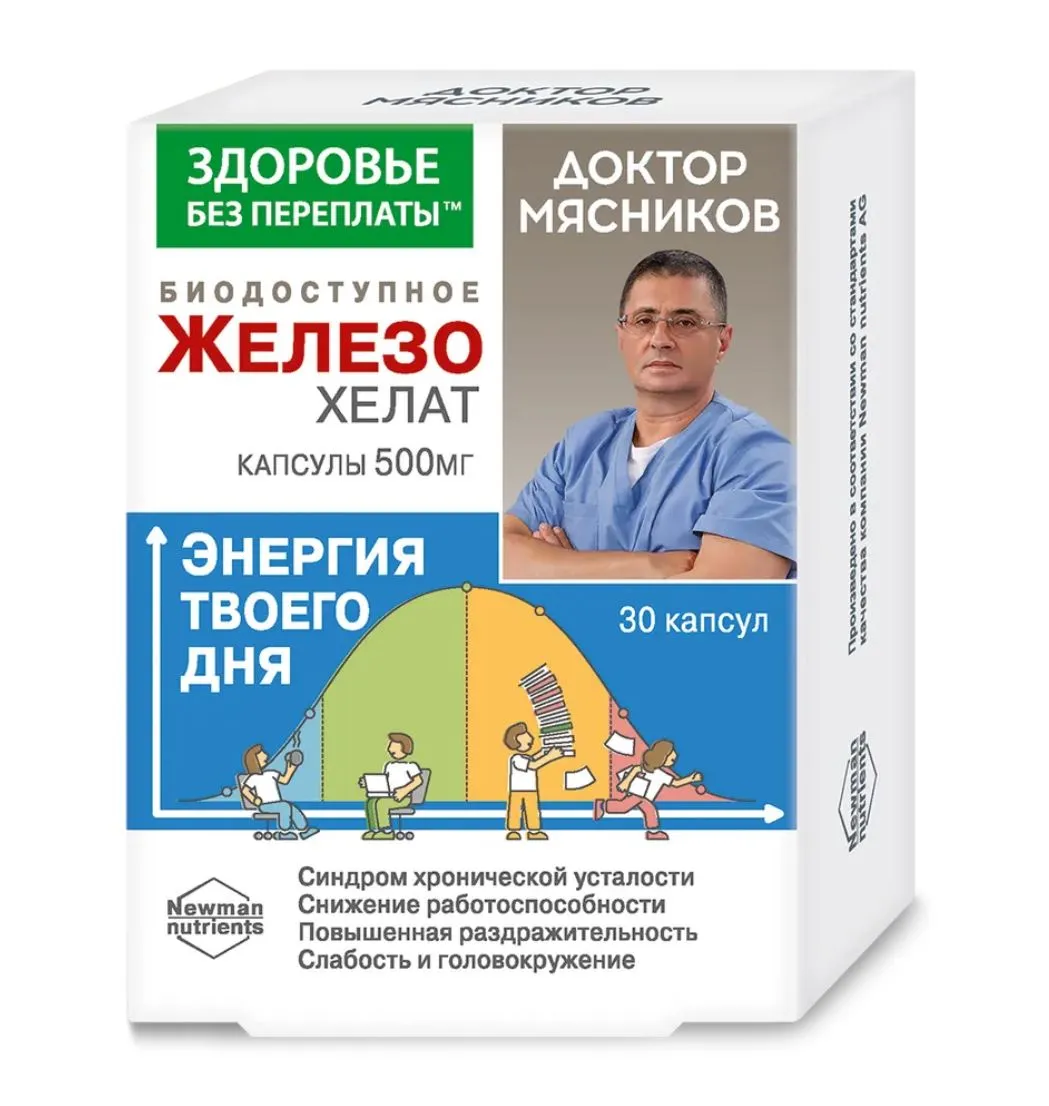 Доктор Мясников Биодоступное железо хелат, 500 мг, капсулы, 30 шт. фото