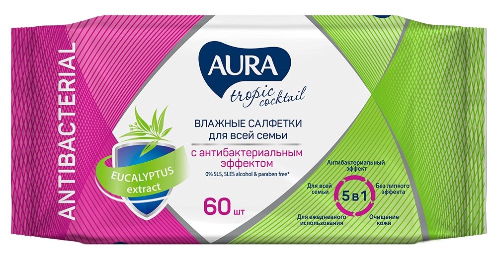 Aura Салфетки влажные антибактериальные, салфетки влажные, 60 шт, тропический коктейль фото