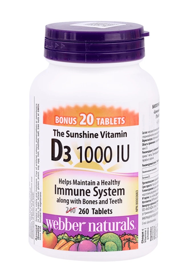Webber Naturals Витамин Д3 солнечный, 1000 МЕ, таблетки, 260 шт. фото