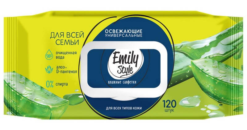 Emily Style Салфетки влажные универсальные с алоэ вера, салфетки влажные, 120 шт, пластиковый клапан фото
