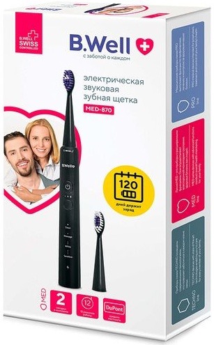 B.Well Электрическая звуковая зубная щетка MED-870, щетка зубная, 1 шт, черная фото