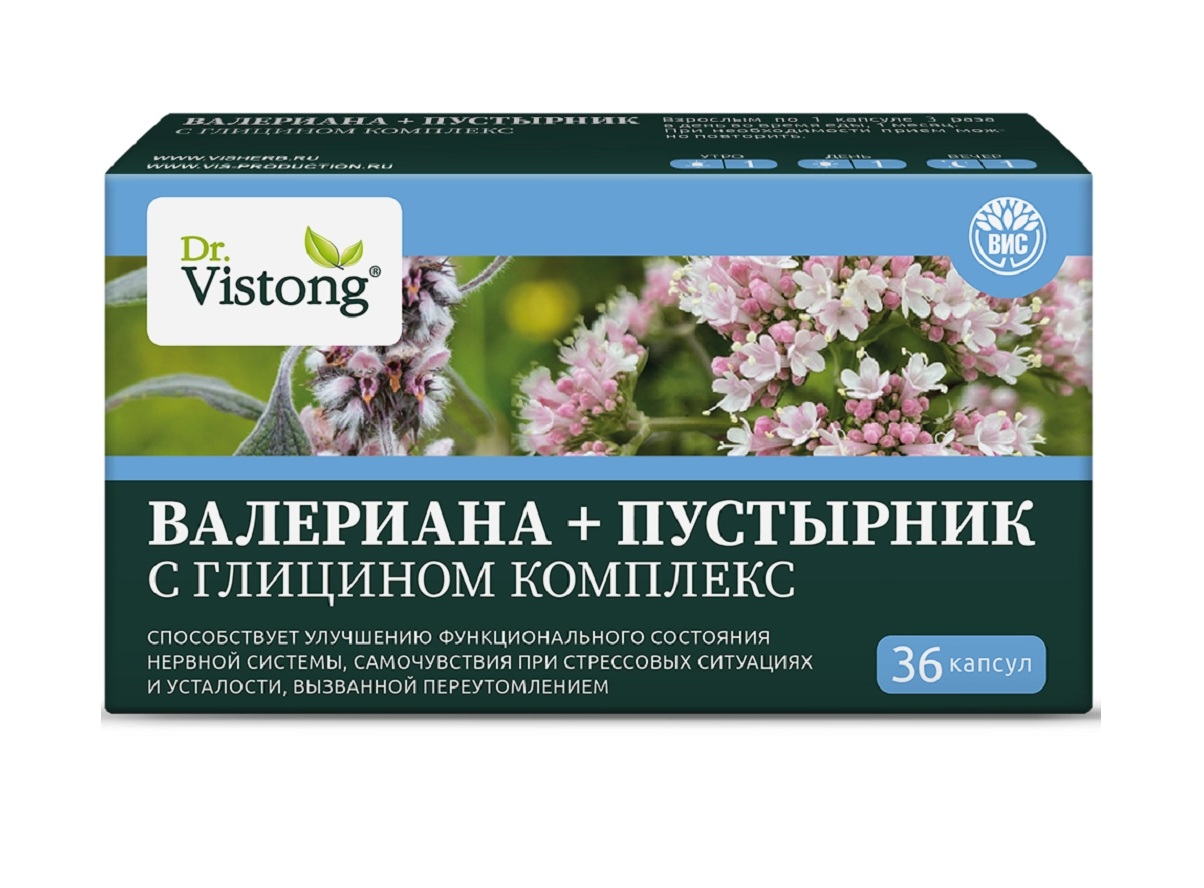 Dr. Vistong Комплекс Валериана + Пустырник с глицином, 450 мг, капсулы, 36 шт. фото