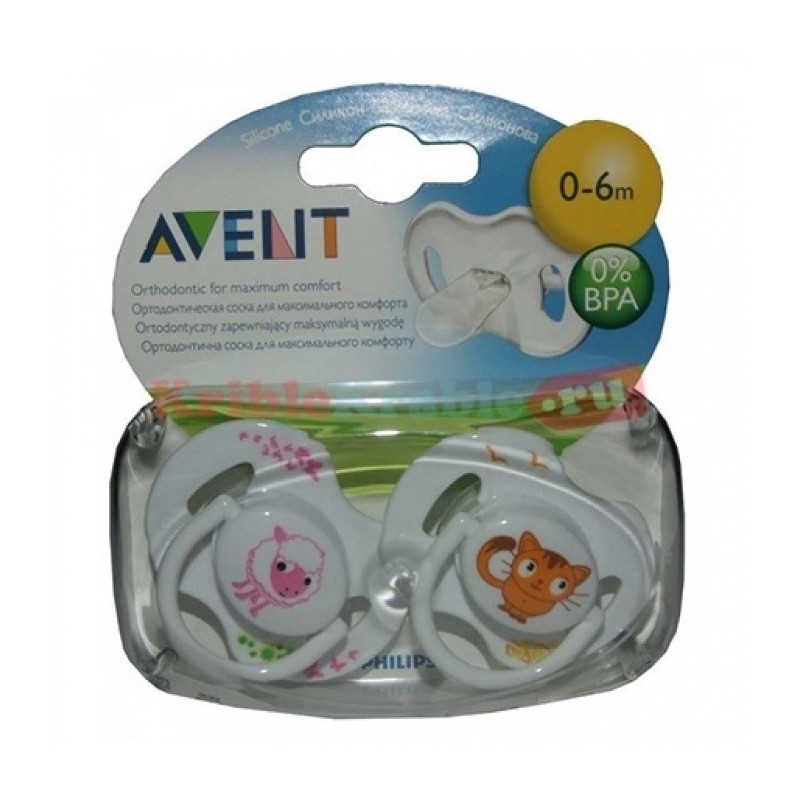 AVENT Classic Пустышка силиконовая ортодонтическая, 0-6 месяцев, 2 шт, цвет в ассортименте, Домашние животные, арт. SCF182/23 (83510) фото