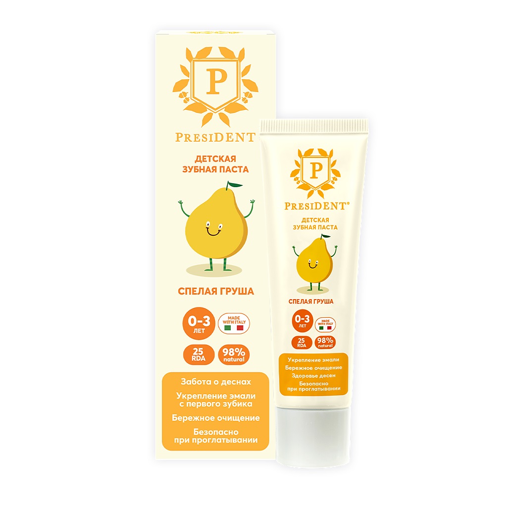 PresiDENT Зубная паста детская Спелая груша 25 RDA, паста зубная, 32 г, 1 шт, без фтора, 0 - 3 года фото