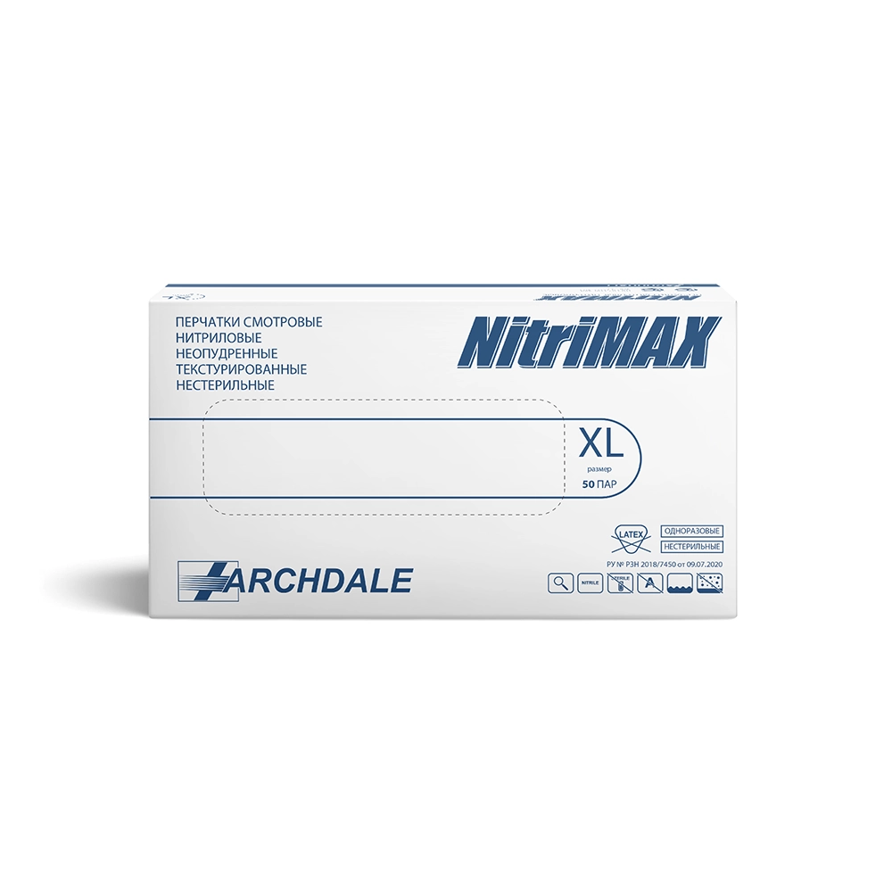 Archdale Nitrimax Перчатки смотровые нитриловые нестерильные неопудренные текстурированные, XL, перчатки неопудренные, пара, 50 шт, белые фото