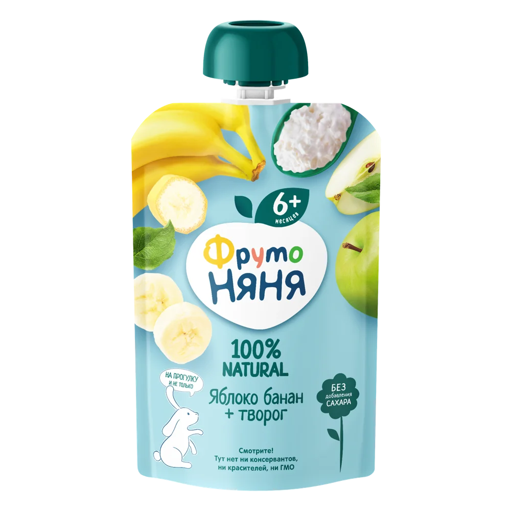 Фрутоняня детское пюре, пюре, 90 г, 1 шт, яблоко + банан + творог фото