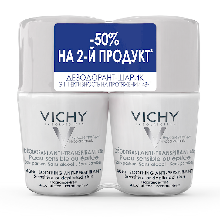 Vichy Deodorants дезодорант шариковый  для чувствительной кожи 48 ч, 50 мл, 2 шт, део-ролик фото