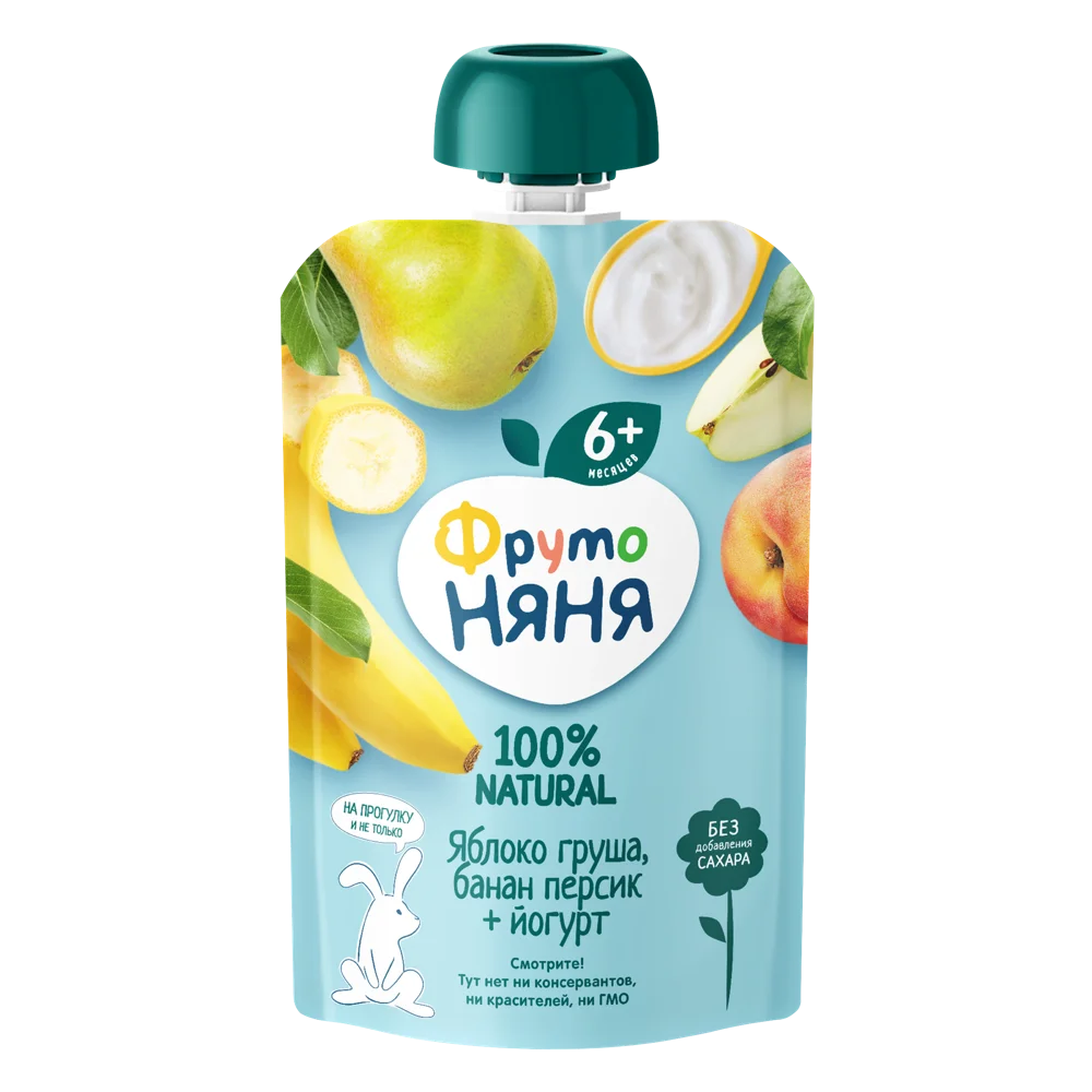 Фрутоняня детское пюре, пюре, 90 г, 1 шт, яблоко, груша, банан, персик, йогурт фото