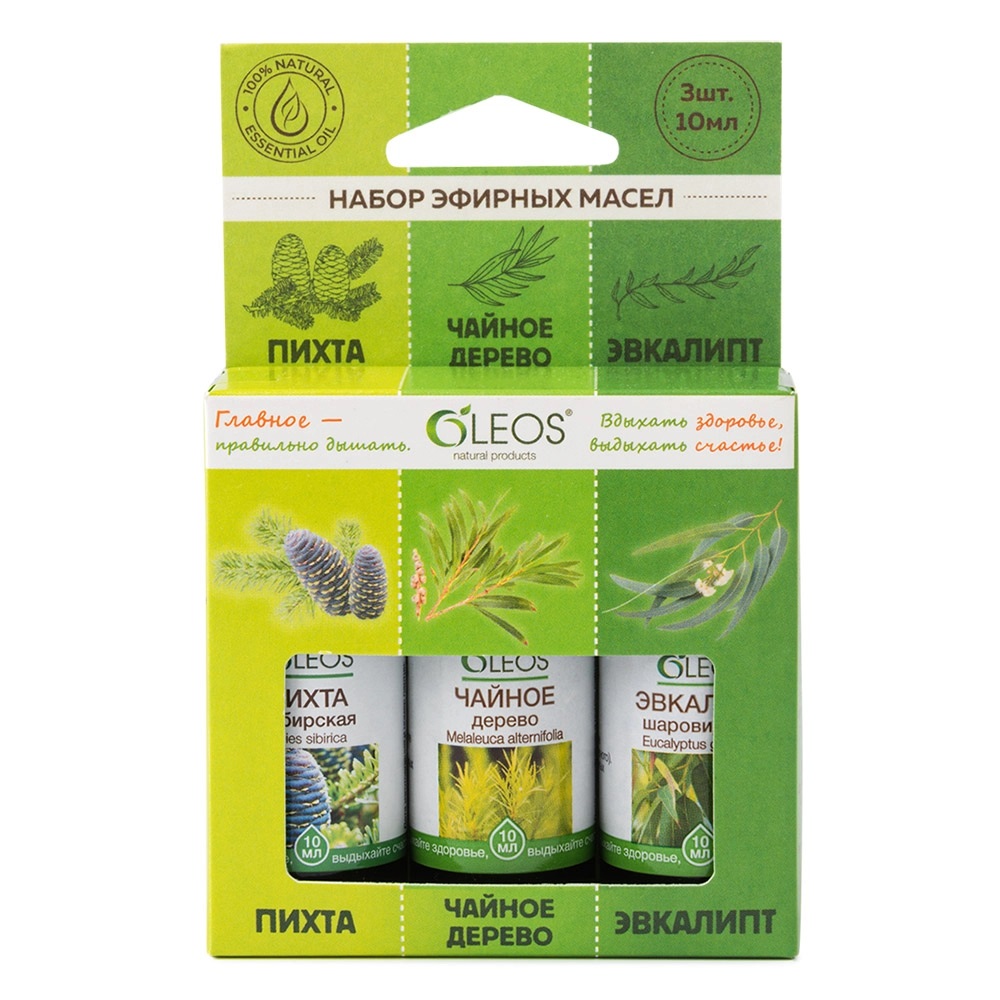 Oleos Набор масел эфирных Пихта сибирская + Чайное дерево + Эвкалипт шаровидный, масло эфирное, 10 мл, 3 шт. фото