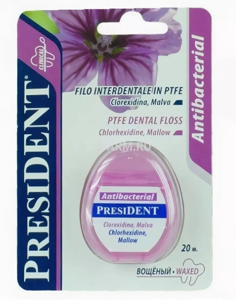 PresiDENT Antibacterial зубная нить фитофлосс вощеная, 20 М, нить зубная, 1 шт. фото