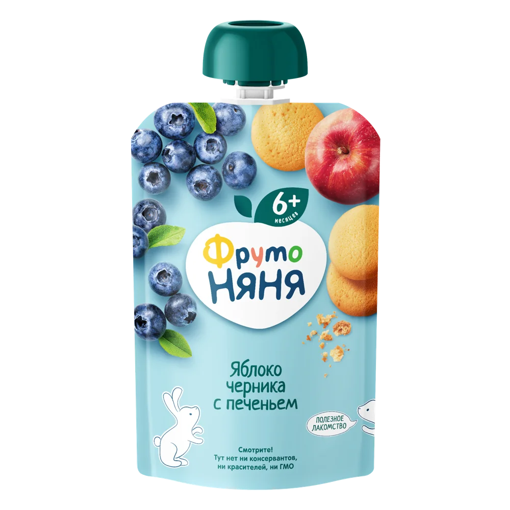 Фрутоняня детское пюре, 6+ мес, пюре, 90г, 1 шт, яблоко + черника + печенье фото