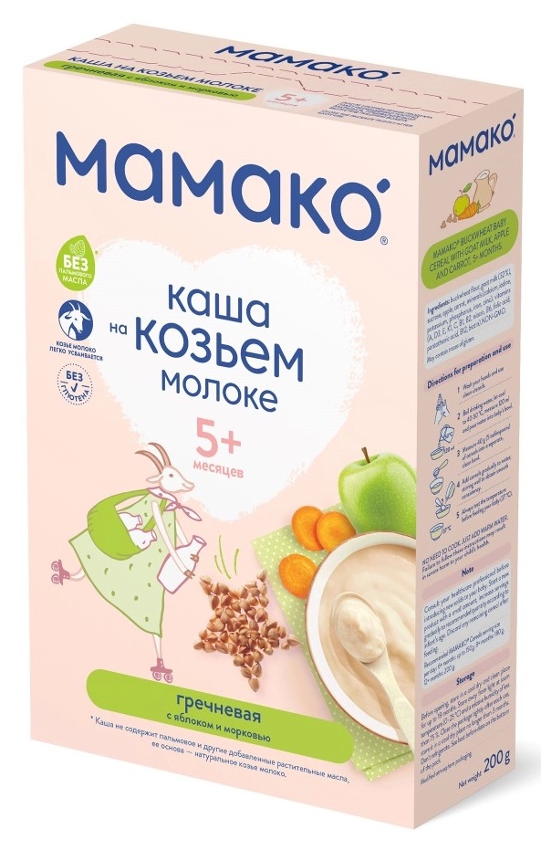 Мамако каша гречневая на козьем молоке, 5+ мес, каша детская молочная, 200 г, 1 шт, яблоко + морковь фото